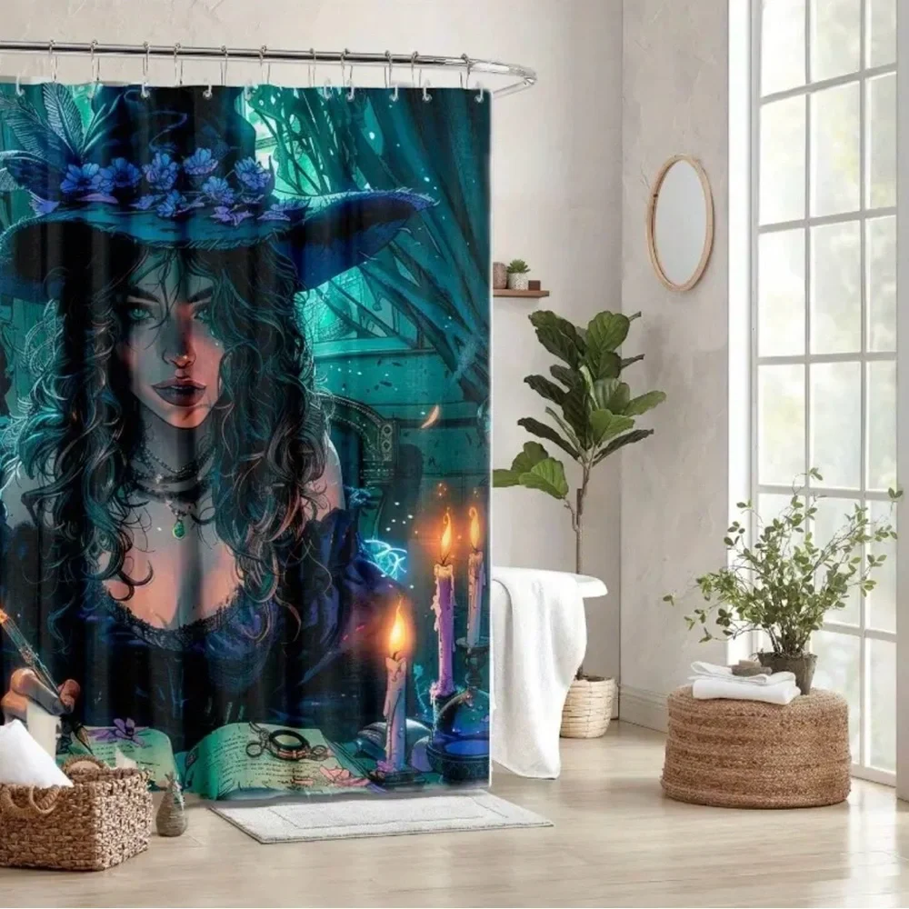 Exquisite Witch Shower Curtain Waterproof Fabric with‎ 12 White Plastic Hooks